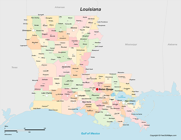Louisiana with Parishes and Cities