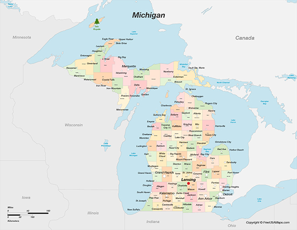 Printable Map of Michigan with - Michigan With Counties And Cities 