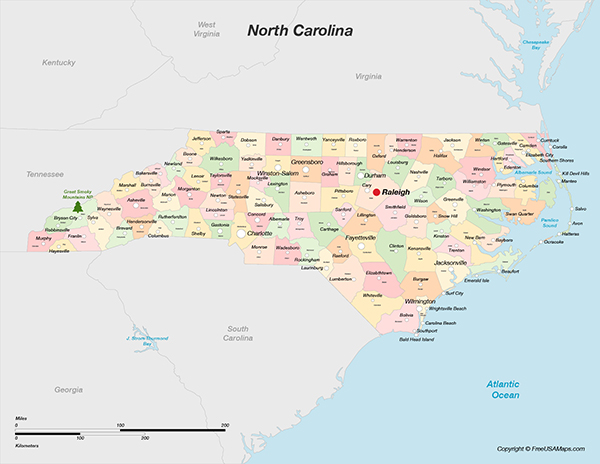 Printable Map of North Carolina - North Carolina With Counties And Cities 