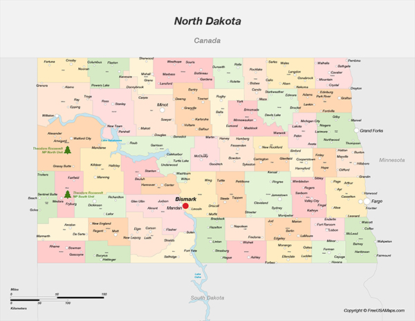 North Dakota with Counties and Cities