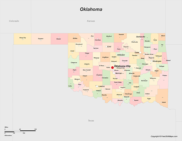 Printable Map of Oklahoma with - Oklahoma With Counties And Cities 
