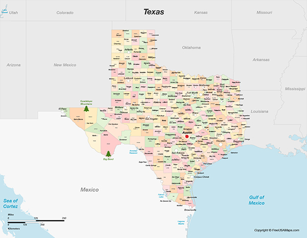 Free Printable State Maps of Texas - Texas With Counties And Cities us map with texas
